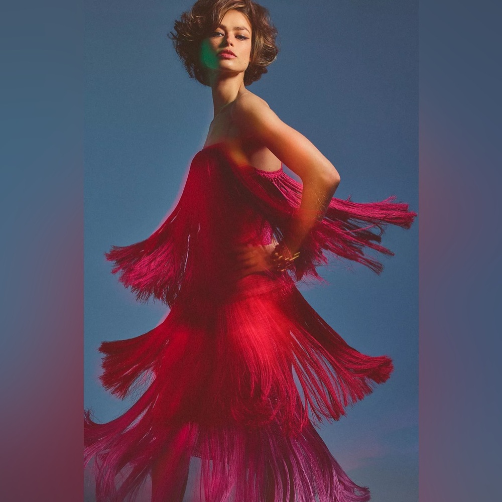 Anthropologie Red Fringe Maxi Dress